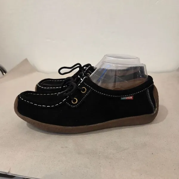 Black Leather Moccasin Sneakers Lace Up Comfort Suede Boho Indie Western 7.5 - Image 2