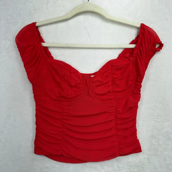 Just Polly Size S Red Corset Top Ruched Mesh Sweetheart Cap Sleeve Cropped - Image 3
