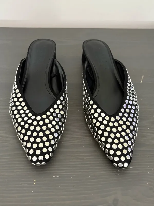 ZARA Black Studded Mules Size 37 Pointed Toe Kitten Heel Slip On Flats Chic - Image 3