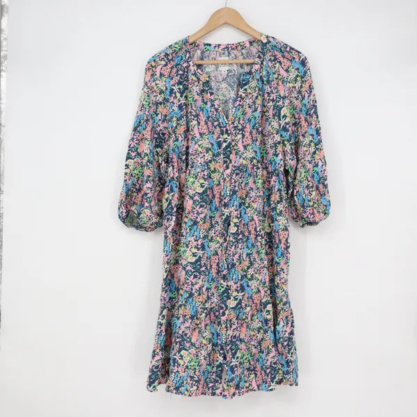 Gap Maternity Floral Tiered Mini Dress Medium Pink Blue Rayon 3/4 Balloon Sleeve - Image 2