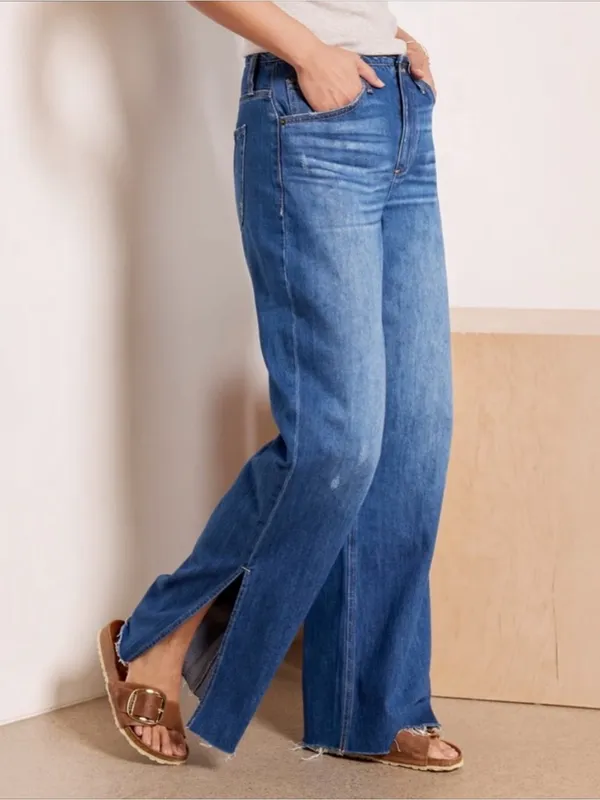 NWT EVEREVE Ever Slouchy Jeans Size 25 Dark Rinse High Rise Wide Leg Side Slit - Image 4