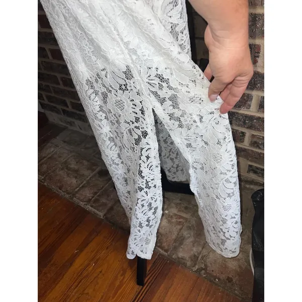 Aura RED DRESS White Lace Halter Neck Maxi Dress Sheer Split Hem Size XS - Image 9
