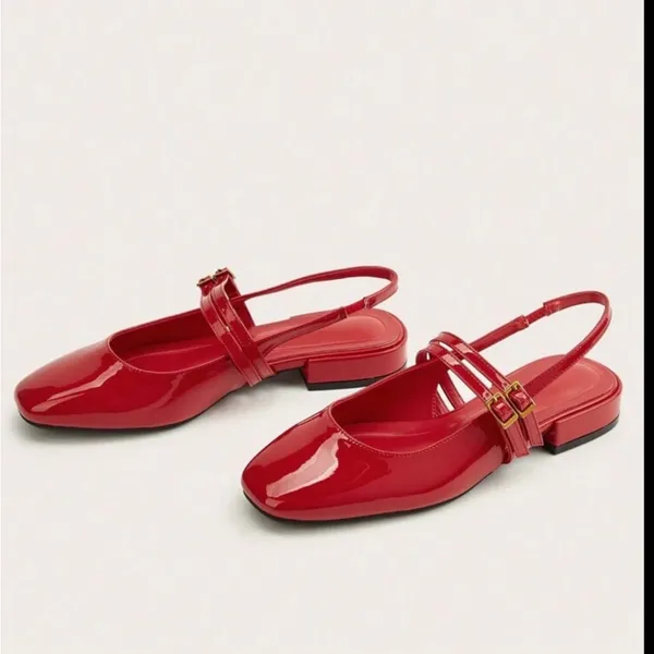 Red patent faux leather square toe double strap buckle strappy flats - Image 5