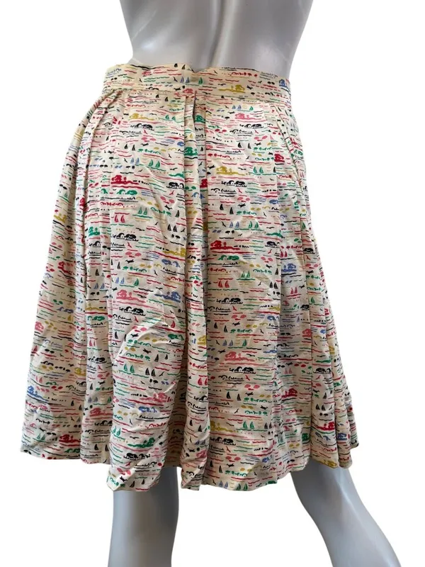 Orla Kiely Silk Sailboat Print Pleated Midi Skirt Nautical Marine Whimsical - Image 6