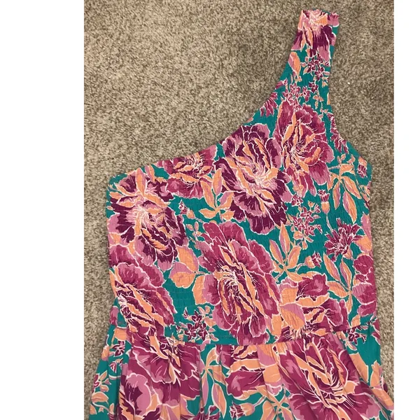 Zcsia One Shoulder Floral Midi Dress Smocked Teal Pink Boho Size Small - Image 6