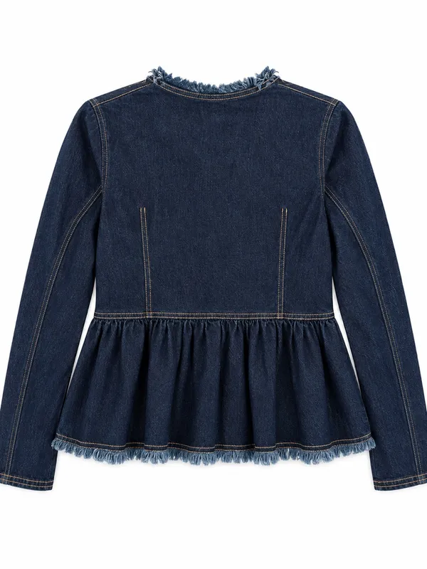Pilcro Denim Jacket Womens Small Blue Excellent Peplum Collarless Raw Edge - Image 6