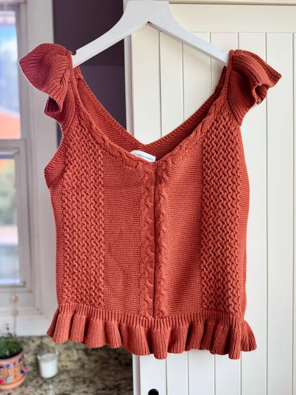 Jessica Simpson Cable Knit Ruffle Cropped Sweater Tank Rust Small S - Image 2