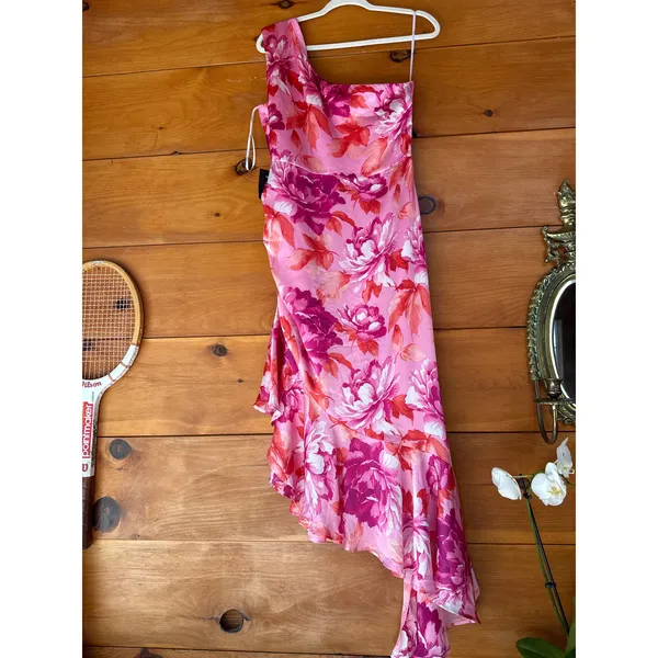 NWT Lulus Divinely Blooming Pink Multi Floral One-Shoulder Midi Dress Party XS - Image 6