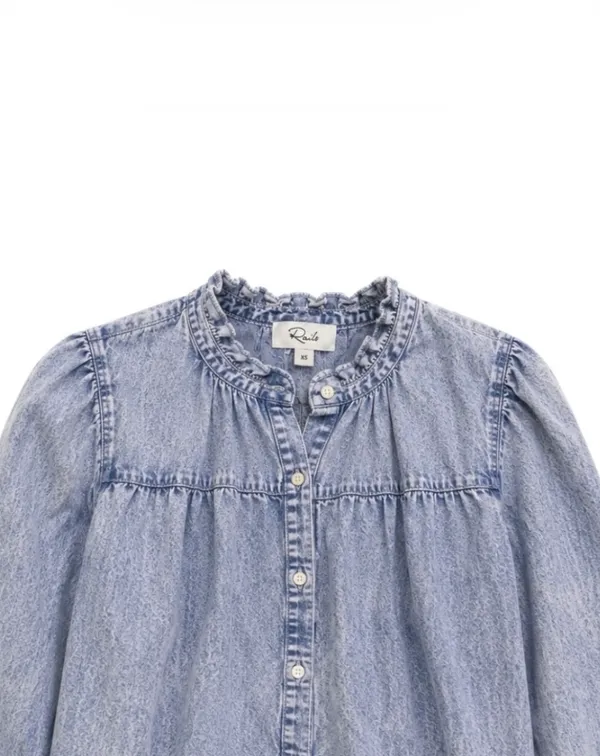 Rails Camille Blouse XS Sapphire Acid Wash Tencel Linen Ruffle Collar Top - Image 2