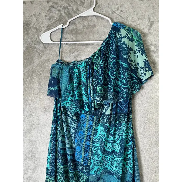 Fuzzi Italy Lace Mosaic Print One Shoulder Mesh Maxi Dress Turquoise Blue XL‎ - Image 2