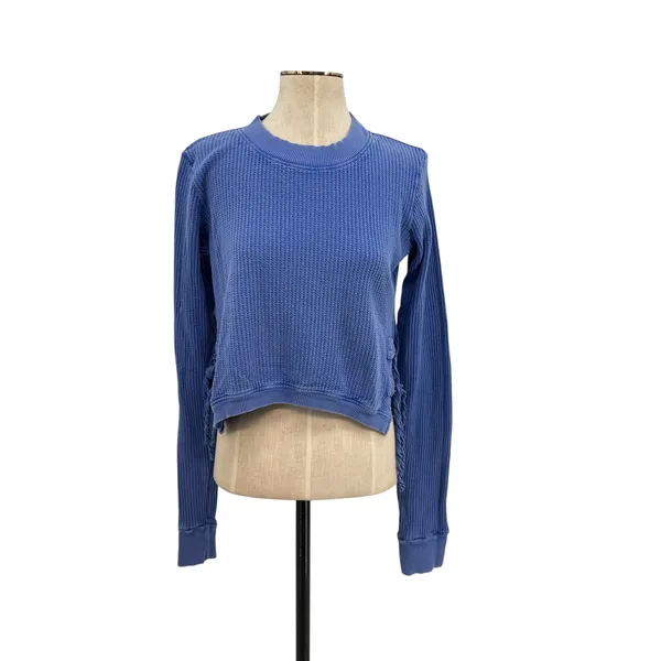 Free People FP One Cropped Interlaken Top Waffle Knit Long‎ Sleeve Blue Medium - Image 3