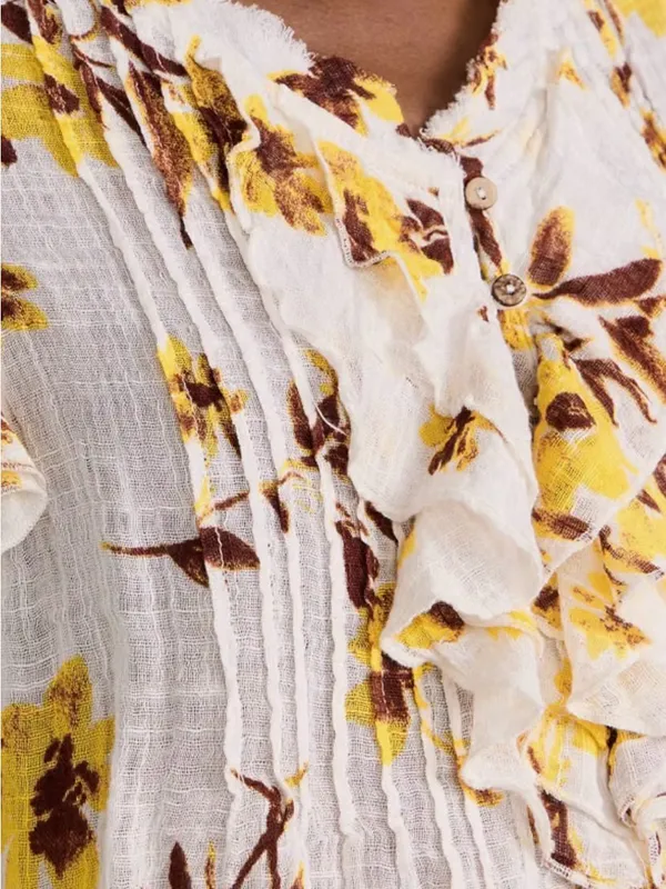 Free People White Floral Ruffle V-Neck Top with Yellow and Brown Print - Image 12