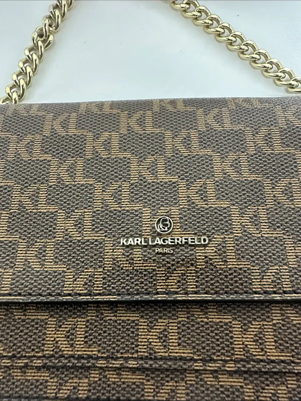 Karl Lagerfeld Connie Brown Monogram Crossbody with Gold Chain - Image 2