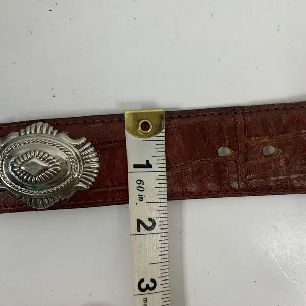 Brown‎ Leather Size M Croc Embossed Braided Belt Silver Tone Heavy Buckle Concho - Image 10