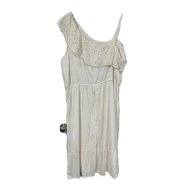 Old Navy XXL Dress One Shoulder Eyelet Lace Ruffle Tiered Midi Cream Coastal - Image 3