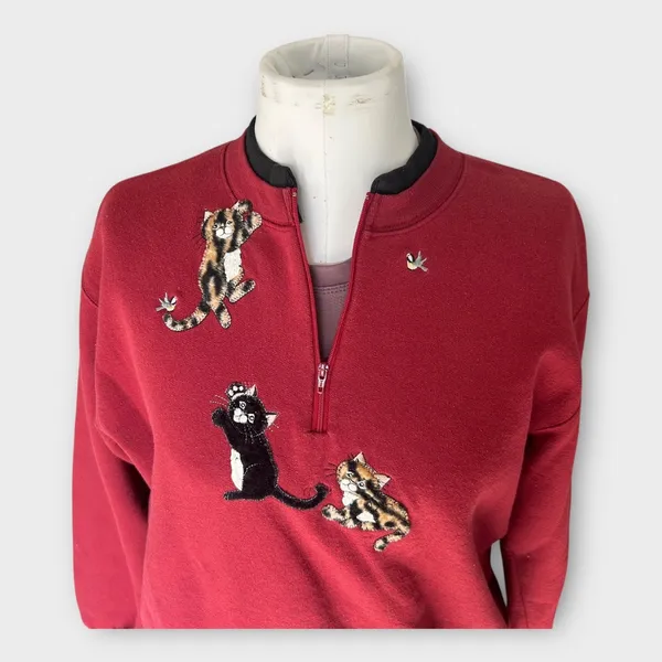 Vintage 90s Cat 3/4 zip Sweatshirt Women's Large L Red Grandmacore Top Stitch - Image 4