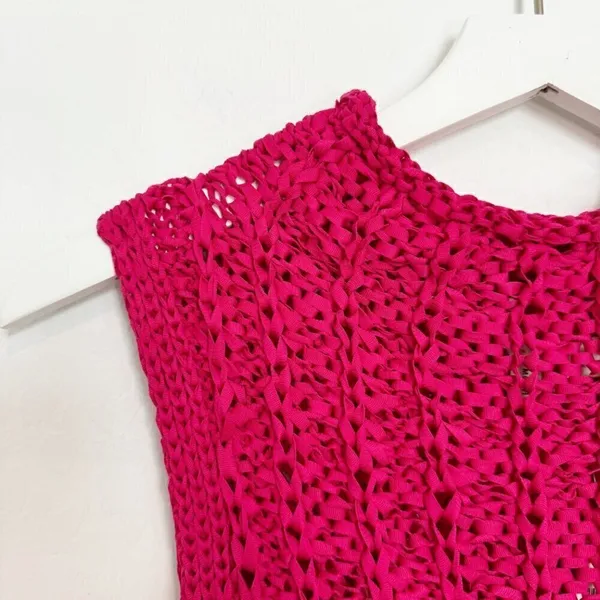 Moth Ribbon Crochet‎ Top Medium Petite Pink Sleeveless High Neck Fairy Cottage - Image 8
