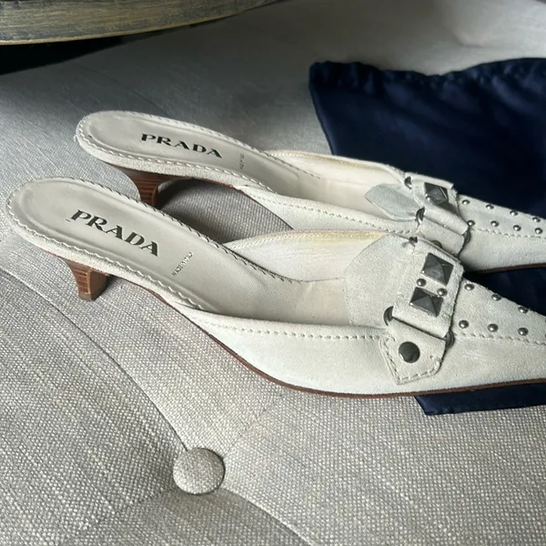 Prada Creme Suede Pointed Toe Kitten Heels Size 37.5 - Image 5