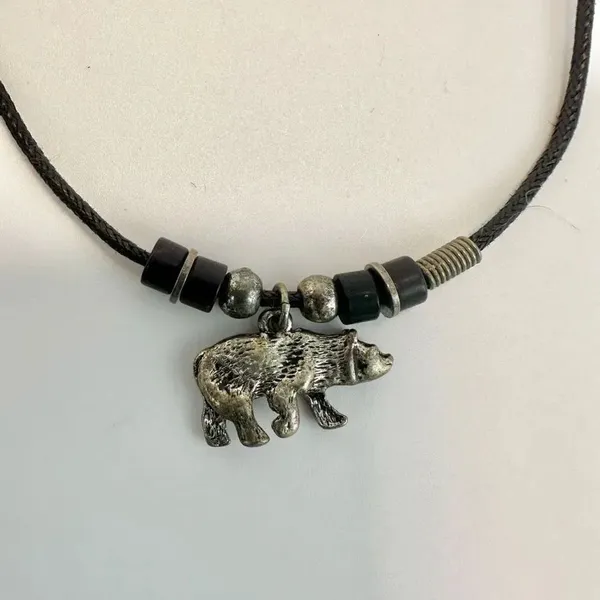 Silver tone bear pendant necklace on black cord - Image 5