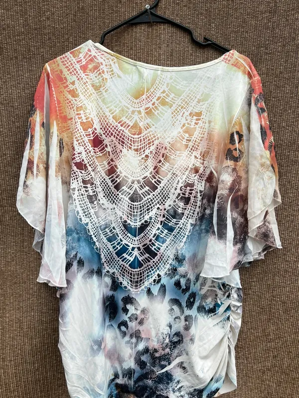 Espresso Tunic Leopard Lace Print top shirt women’s Sz L white crochet lace V-ov - Image 10