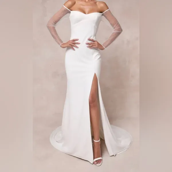 Lulus White Off the Shoulder Wedding Dress with Sheer Sleeves, X-Large - Image 4