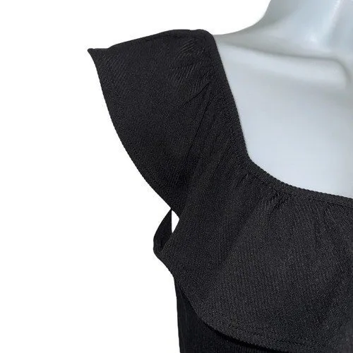 EXPRESS Black Ruffle Neck Ribbed Cap Sleeve Cap‎ Sleeve Bodysuit NWOT Small - Image 4