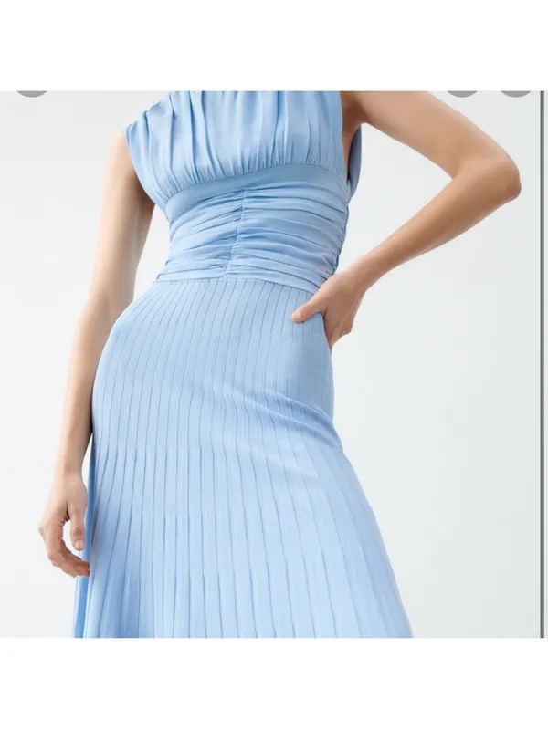 Zara ruched pleated knit Light Blue Midi Dress, stretchy - Image 6