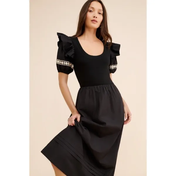 NWT!! CLEOBELLA‎ Selma Midi Dress Embroidered Black Ruffle Puff Sleeves X-Small - Image 15