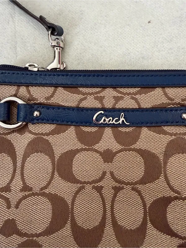 Coach Brown Signature Canvas Wristlet with Navy Trim - Image 2