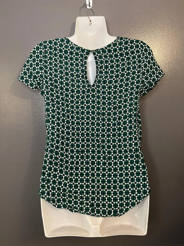 H&M Shirt Womens Small Green White Geometric Print Short Sleeve Keyhole Blouse - Image 5