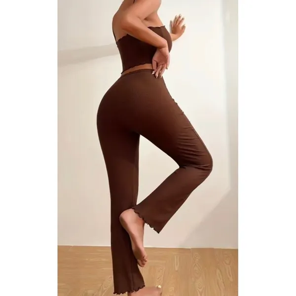 Solid Ribbed Pajama Set, Lettuce Trim Cami Top & Elastic Waistband Pants - Image 2