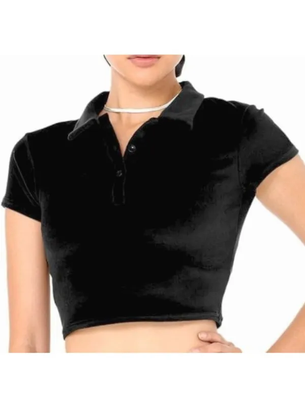 Alo Velour Choice Polo Black Velvet Fuzzy Cropped Short Sleeve Henley Crop Top - Image 4