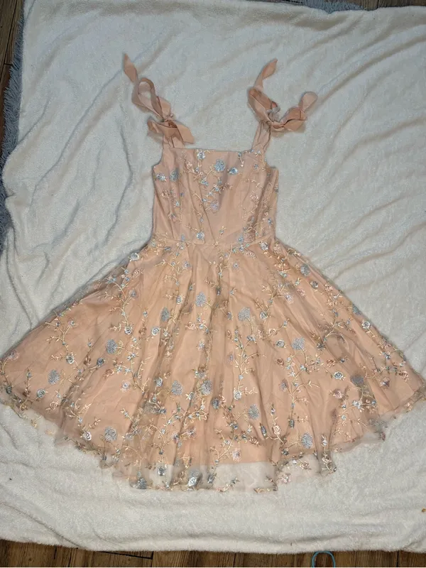 Embroidered Tie-Shoulder Midi Dress in Nude with Blue Accents - Image 10