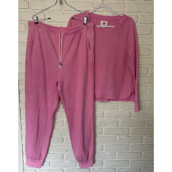 Sundry Anthropologie Pink Waffle Knit Top Pants Lounge Set Women's Large 3018 - Image 2