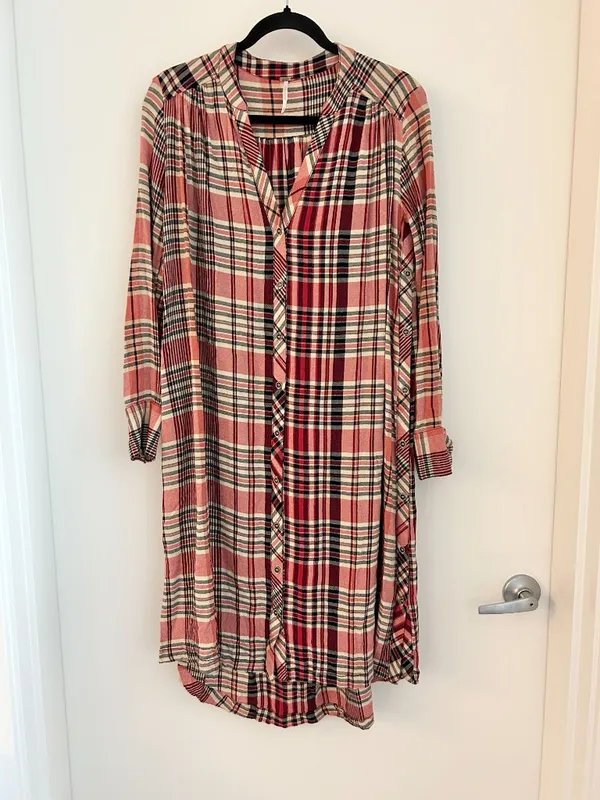 Free People Loralei Plaid Shirt Dress Tunic Red Pink Western Festive Size XS - Image 4