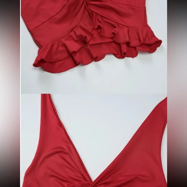 Red Plunge Neck Halter Top and Tiered Ruched Maxi Skirt Set - Image 3