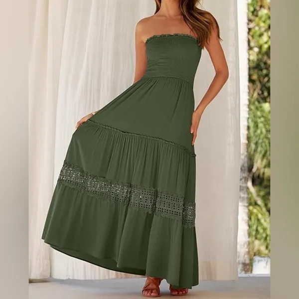 Zesica Green Rayon Strapless Smocked Maxi Dress Crochet Lace Tiered Boho Summer - Image 5