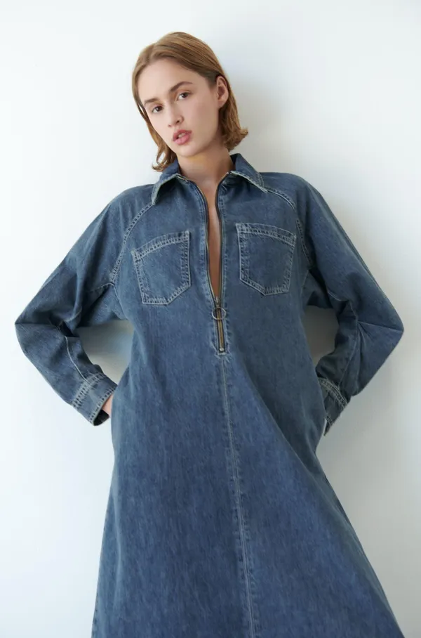 Zara Dress oversize midi denim jeans long sleeve collar casual - Image 3