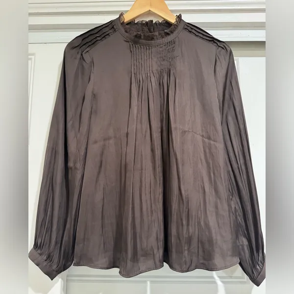 J.Crew Chocolate Brown Ruffleneck Drapey Long Sleeve Blouse - Image 2