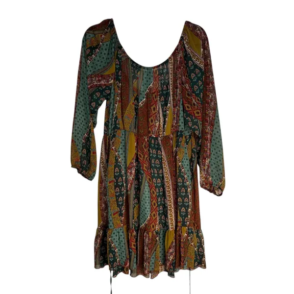 Pure Energy Boho Maxi Dress Patchwork Off‎ Long Sleeve Tiered Ruffle Size 2 - Image 6