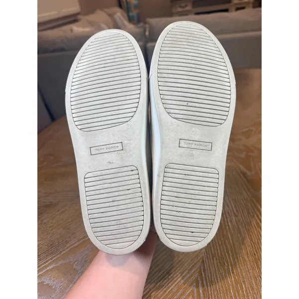 Tory Burch Color Block Sneakers‎ Leather Suede White Tan Neutral Size 9 - Image 8
