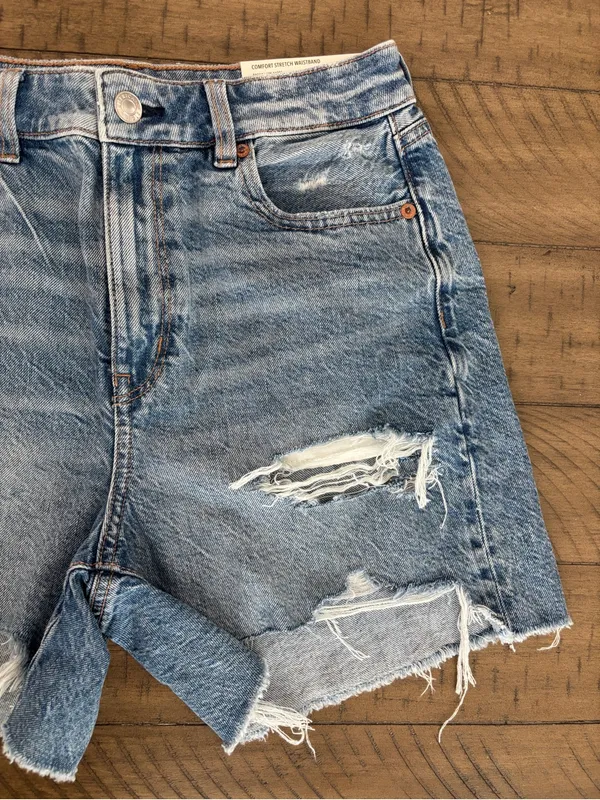 American Eagle Outfitters High-Waist Distressed Denim Shorts - Light Blue - Image 2