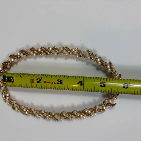 Vintage‎ Trifari Gold Tone Faux Pearl Leaf Necklace & Bracelet Set - Image 8