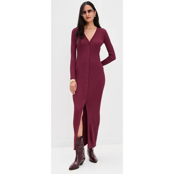 STAUD Shoko Ribbed Knit‎ Button Front Maxi Dress Burgundy XS - Image 3