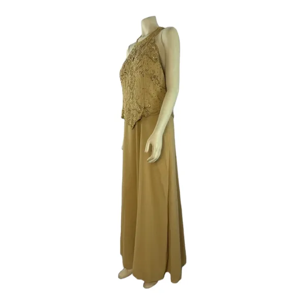 1990s Miss New York Gold Beaded Formal Gown Set Cutout Maxi L-XL - Image 10