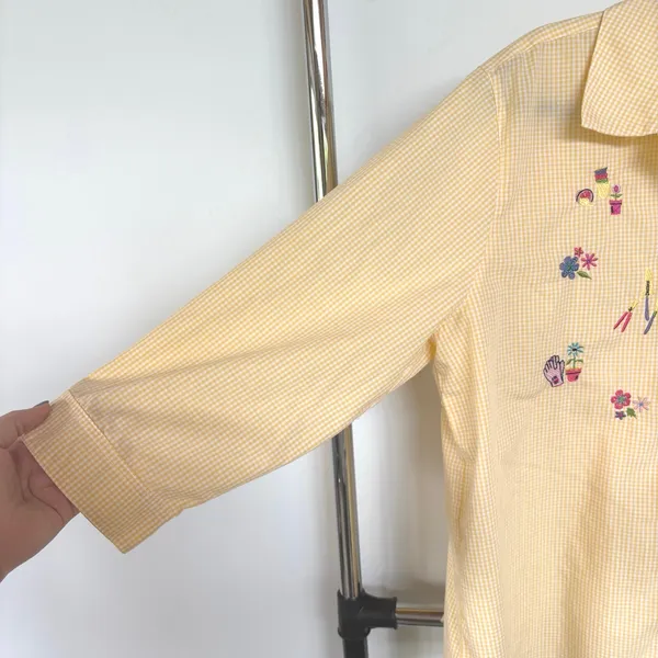 Vintage Butter Yellow Garden Top Floral Grandma Button Down 3/4 Sleeve Blouse XL - Image 6