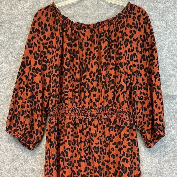 KNOX‎ ROSE Dress Size Large Smocked Elastic Waist Animal Print Rust Large Fall - Image 11