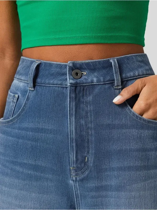 Halara Flex High Waisted Pockets Rolled Hem Wide Leg Washed Casual Jeans - Image 3