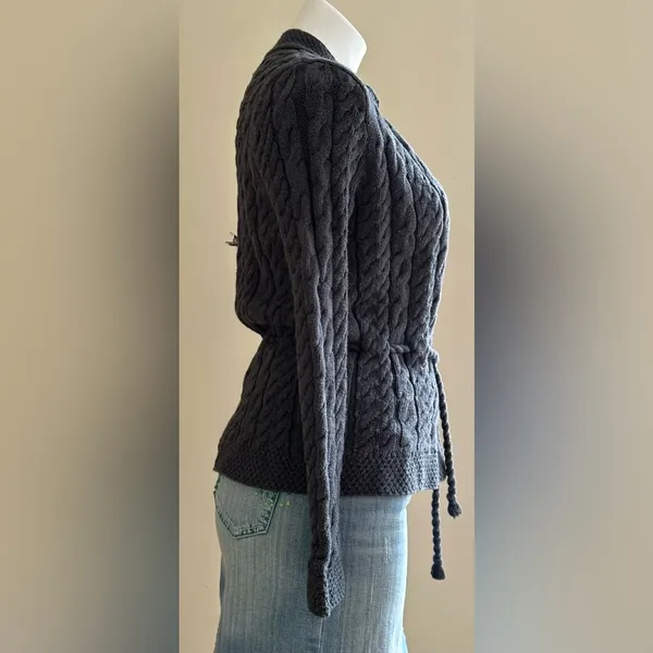 Willi Smith Gray Knit Cable Cardigan No Buttons with Belt 100% Cotton SZ S - Image 5