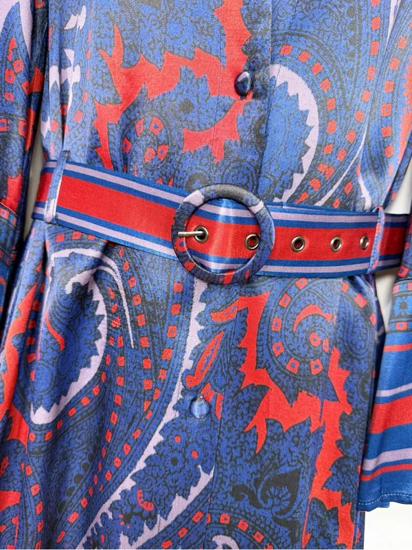 Hermoza Gabriela Printed Satin Belted Dress Midnight Blue Red - Image 6